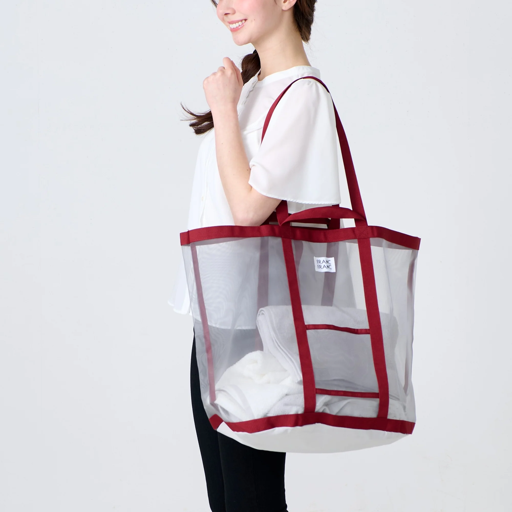 メッシュランドリーバッグ グレー×レッド - Image 3