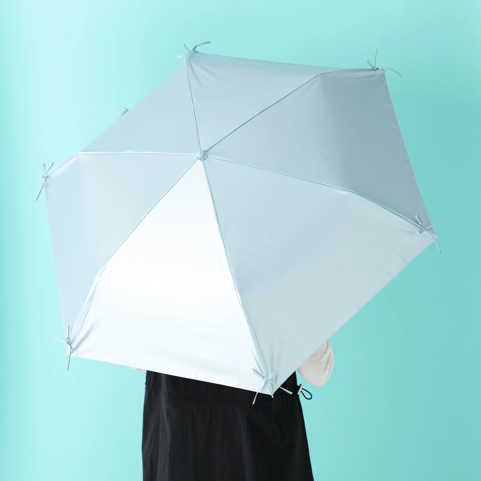 遮光 リボン 折りたたみ傘 50cm ライトブルー（晴雨兼用） - Image 2