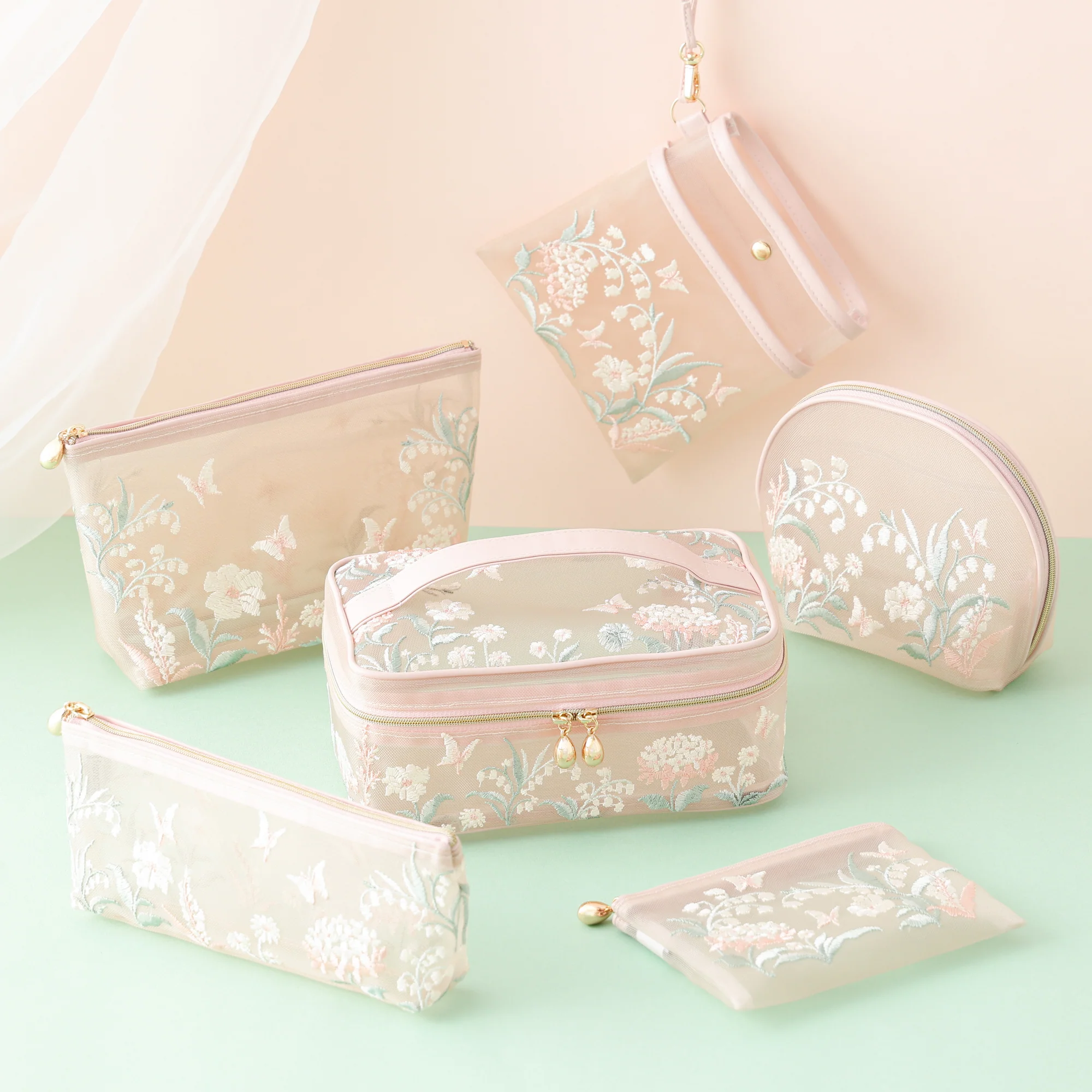 メッシュ エンブロイダリー ポーチ S ピンク - Image 3